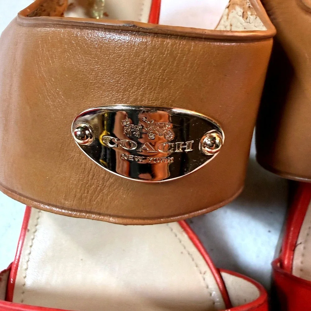 Coach Wedge Sandals Womens 9.5 Red Leather Colorblock Ankle Strap Gold Hardware